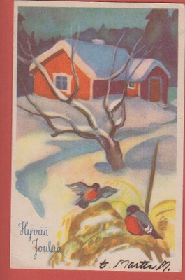 O Vikainen Linnut lyhteellä, talo taustalla