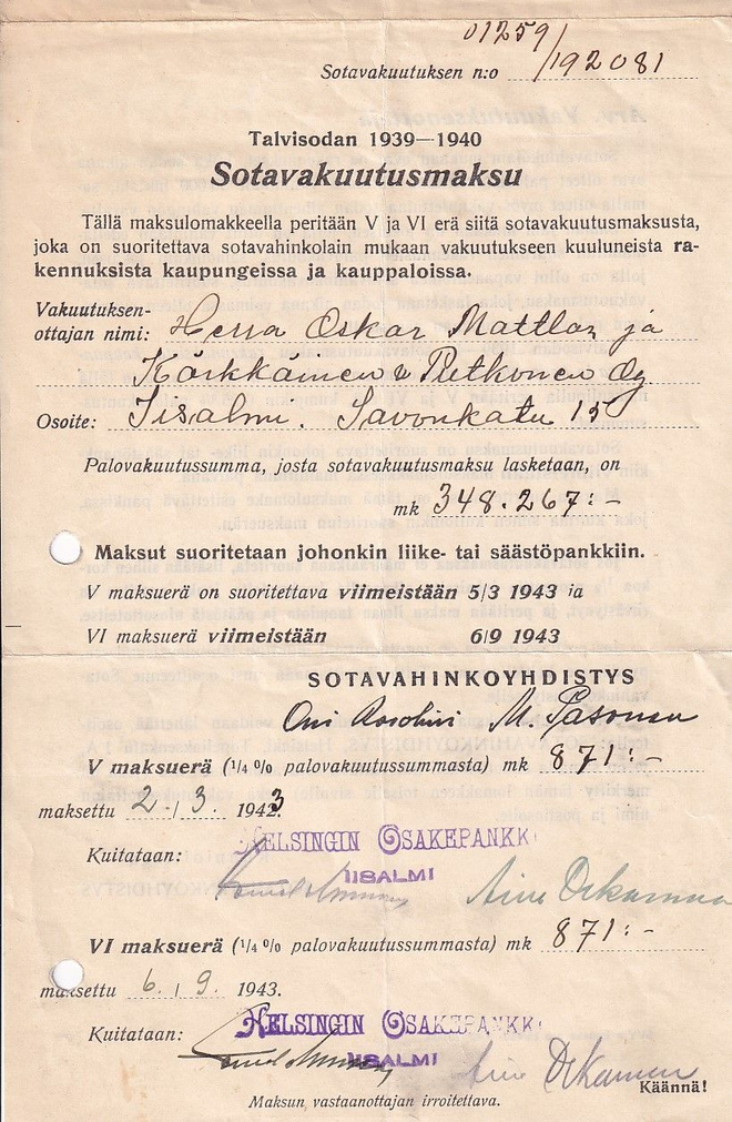 SOTAVAKUUTUSMAKSU TALVISOTA1939-1940