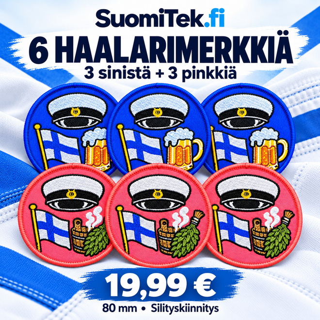 6 kpl haalarimerkkejä – Suomi, olut ja sauna