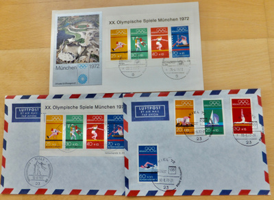 3 VANHAA FDC Ensipäiväkuorta Olympia 1972 Munchen Saksa