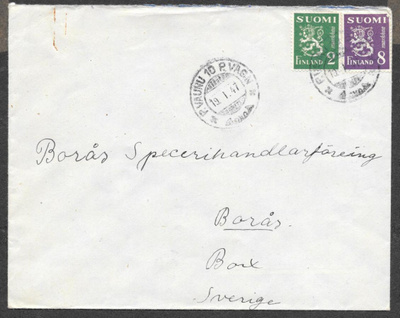 Postilähetys - Yl.m. 2mk+8mk (LAPE 303+312) PV10 19.1.1947