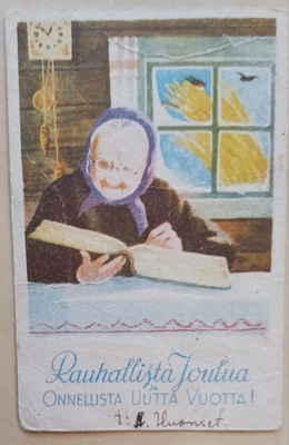 Liimatainen: Vanha rouva lukee Raamattua pirtissä, p. 1944