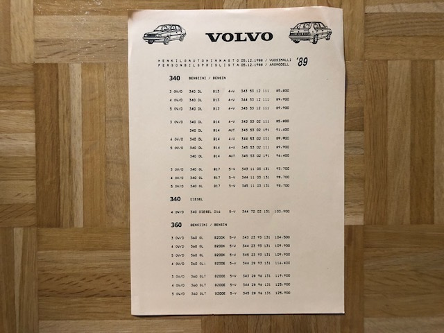 Hinnasto Volvo 340 360, 1989. Esite