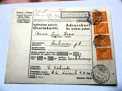1942 Helsinki osoitek. Huhmariin paketti puuttuu ei kuitattu