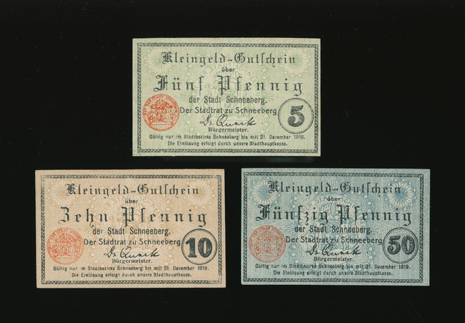 Saksa Notgeld 5, 10, 50 Pfg, Schneeberg 1919