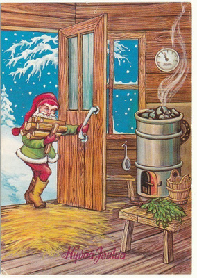 Pukki lämmittää saunaa - vanhahko kortti
