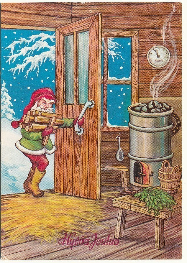 Pukki lämmittää saunaa - vanhahko kortti