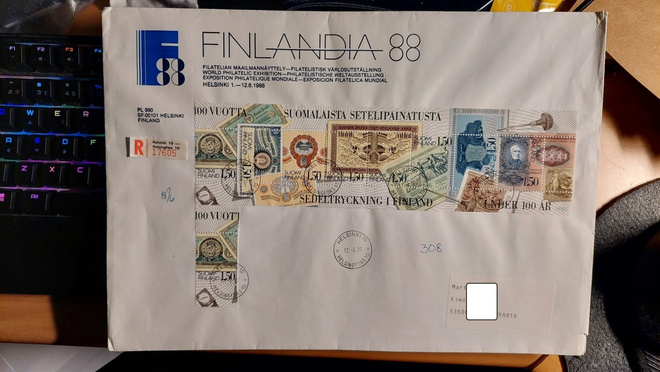Kirjelähetys 1985 Setelinpainatus Finlandia 88 R-kuori+tulol
