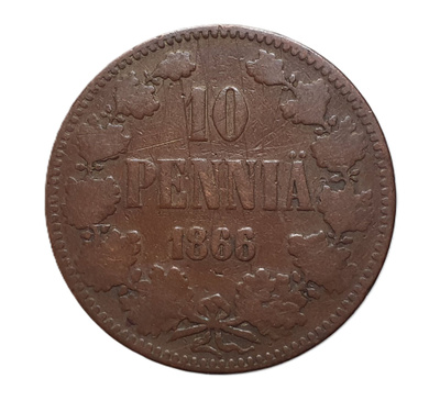 10 Penniä 1866 - Variantti 1.6 Päällelyönti - harvinainen!!