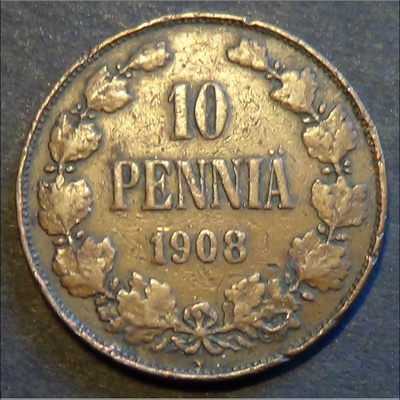 1908 10 penniä kl6