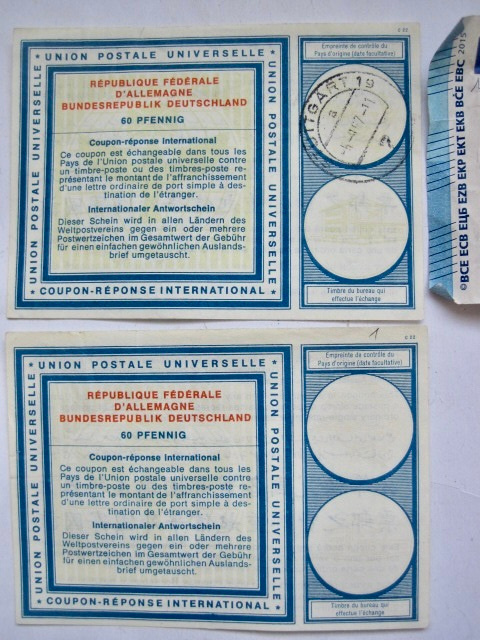 2 VANHAA Reponse Coupon Kuponkia Saksa 60 pf 1967
