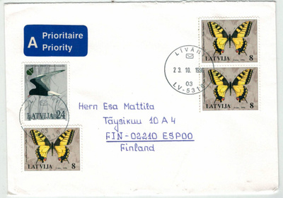 Latvia Mi 405 ym lentokirje Suomeen