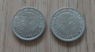 50 Reichspfennig 1927 A ja 1928 J (Weimarin tasavalta).