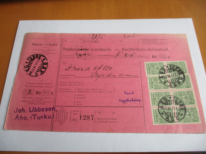 1911 Kyrö asemaleima tulona postietuannilla Turusta