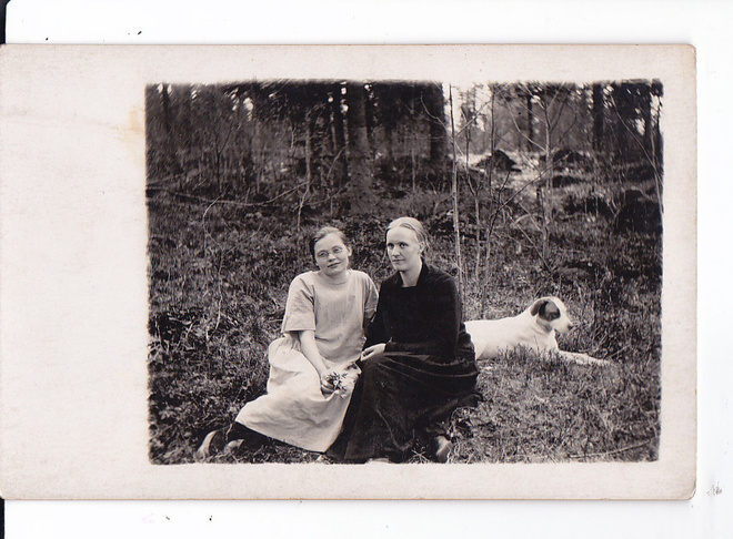 VANHA Valokuva Naiset+ Koira 1920-luku Postikorttikoko
