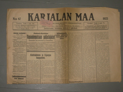 Sanomalehti  Karjalan Maa  9.8.1923