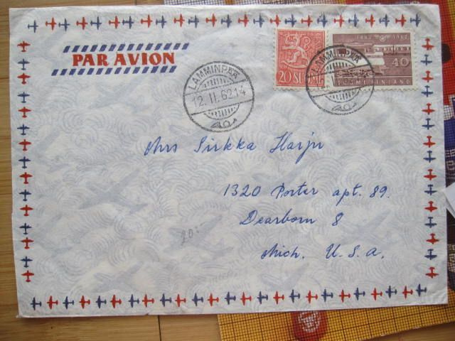 Kuori Lamminpäästä 1962 Par Avion USA:aan merkein