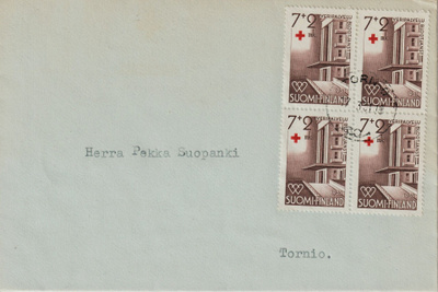 1951Punaisen Ristin 7+2mk neliö FDC-kirjeenä Tornio-leimalla