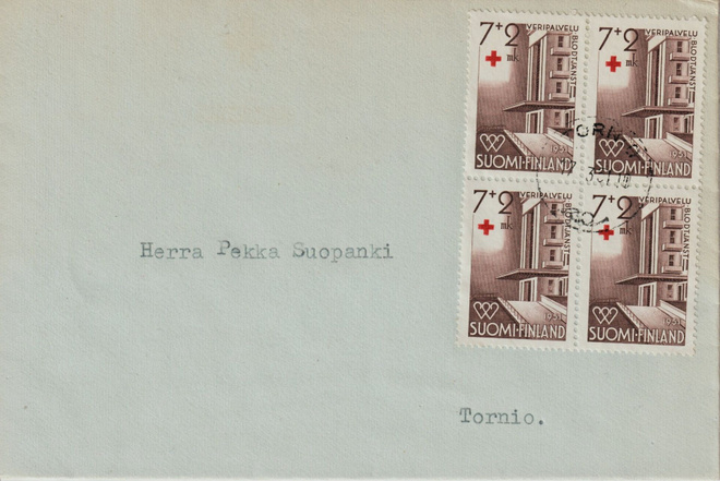 1951Punaisen Ristin 7+2mk neliö FDC-kirjeenä Tornio-leimalla