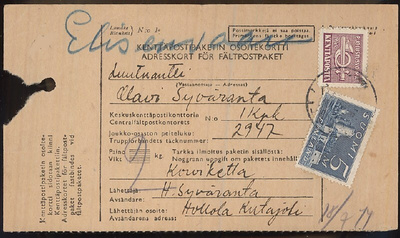 1944 pakettikortti kp-merkki ja 5mk Olavinlinna