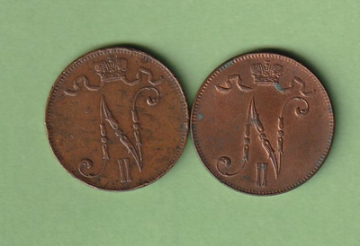 Suomi, kuparikolikot 5 penniä vuosilta 1911 ja 1916