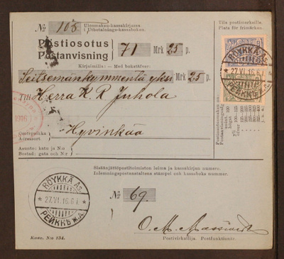 # 23431 # Postiosoitus Röykkä As > Helsinki > Hyvinkää -1916