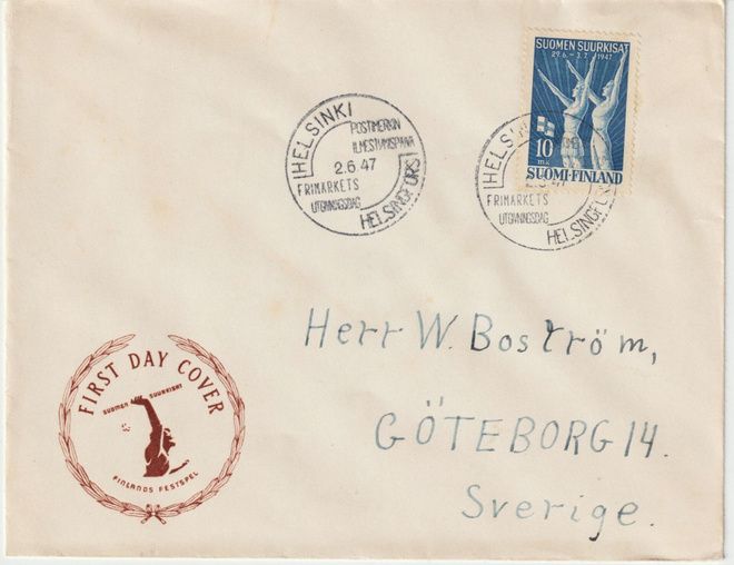 1947 Suurkisa merkin FDC-kirje Ruotsiin