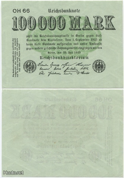 Saksa (Weimarin tasavalta) 100000 Mark 1923 (P-91a) VF
