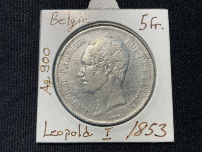 Belgia Leopold I 5 Francs 1853, Ag 900.