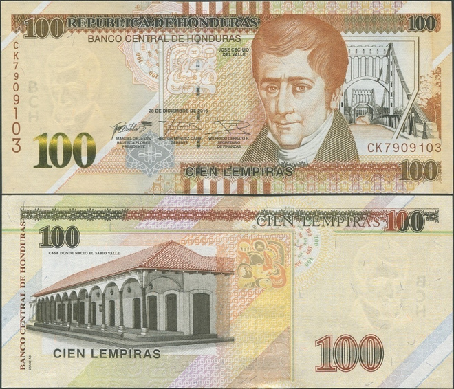 Honduras 100 Lempiras 2016 UNC uudet turvatekijät/p.Crane AB