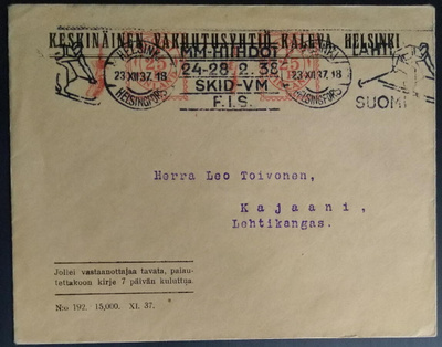 Lahti MM-38 viestillinen frankkeerausleimakirjeellä 1937