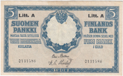 5 Markkaa 1909 Litt.A kl.5