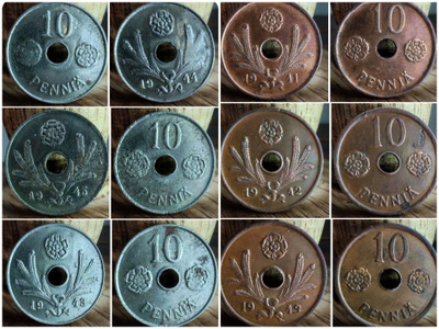 10 PENNIÄ reikärahat sota-aika v.1941-1944 (6kpl/erä)
