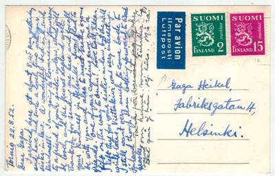 M30 1952 lentopostikortti Torniosta Helsinkiin
