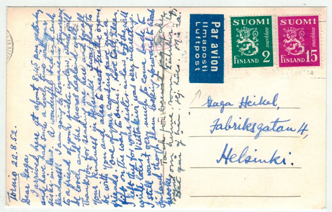 M30 1952 lentopostikortti Torniosta Helsinkiin