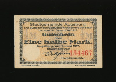 Saksa Notgeld 1/2 Mark, Augsburg 1.6.1917 VF