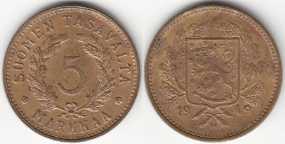 5 mk 1949 leveä H, epätasahavu