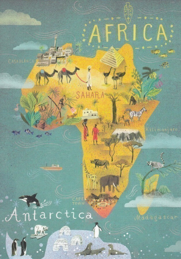 Maanosat kartta Afrikka (isohko postikortti)