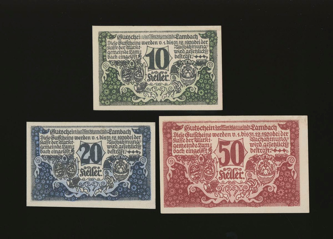 Itävalta Notgeld 10, 20, 50 Heller, Lambach