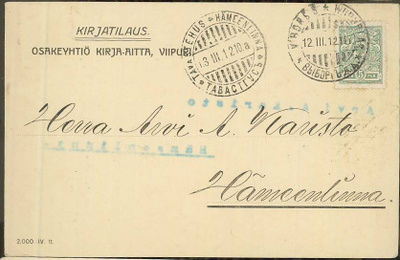 Firmakuori KIRJA-AITTA VIIPURI  postikortti 1912