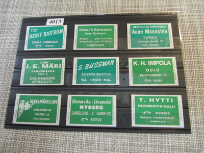 Tulitikkuetikettejä 9 kpl. Mm. S.Bussman Raasepori.