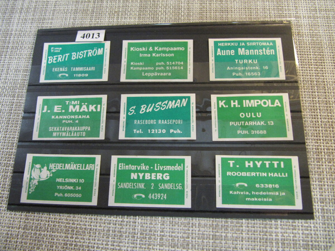 Tulitikkuetikettejä 9 kpl. Mm. S.Bussman Raasepori.