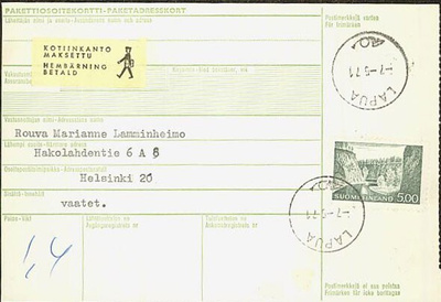 M63 1964 5,00 mk Ristikallio paketti kotiinkanto pyydetty