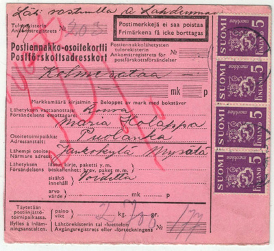 M30 1945 5mk violetti 4-riv. tilaavievä postiennakkopaketti