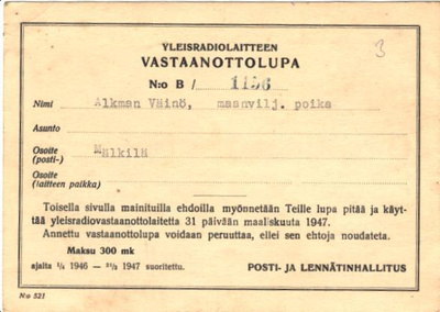 VASTAANOTTOLUPA /RADIOLUPA MÄLKILÄ