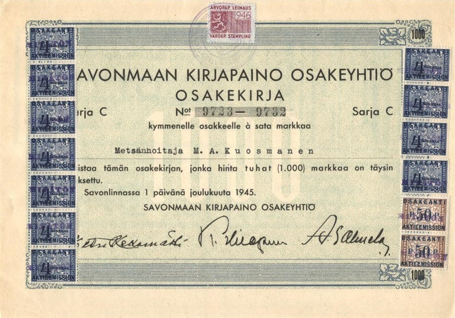 OKK 1945 Savonmaan Kirjapaino Oy, Savonlinna osakekirja