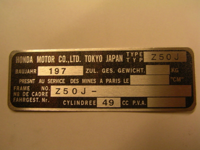 honda monkey tyyppikilpi runkonumerokilpi 1976-1979