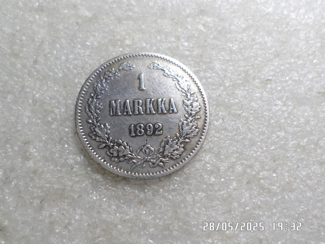 1 mk   1892  hopeaa erittäin vähän kulunut  kl 8