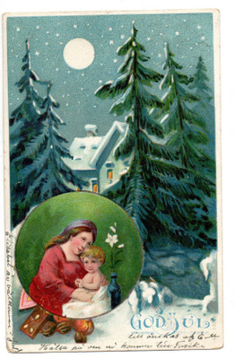 Vanha kortti, talvinen maisema jaäiti ja lapsi, v. 1906