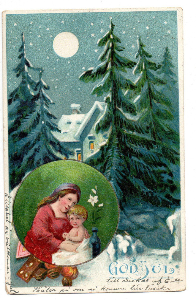 Vanha kortti, talvinen maisema jaäiti ja lapsi, v. 1906